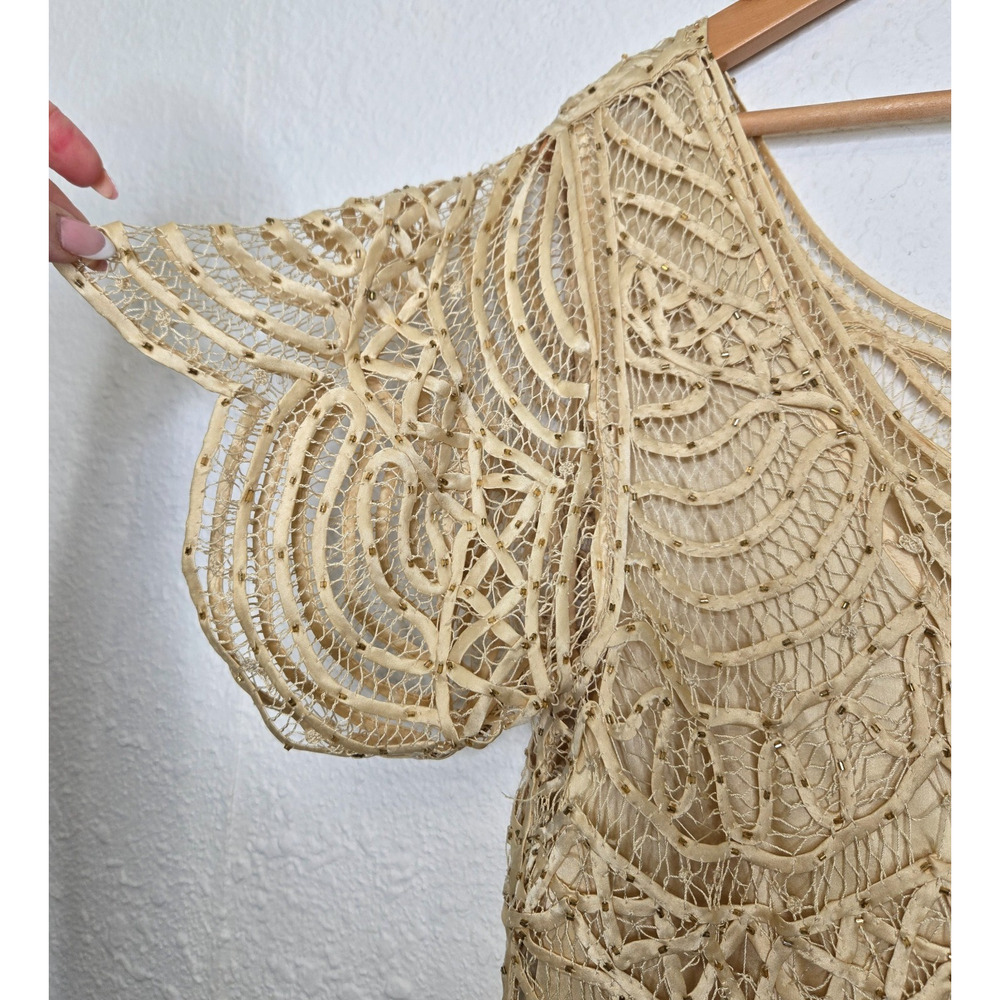 Vintage 80s Top Womens 2X Ivory 100% Silk Crochet Lace‎ Scallop Gold Beaded Glam - Picture 2 of 10